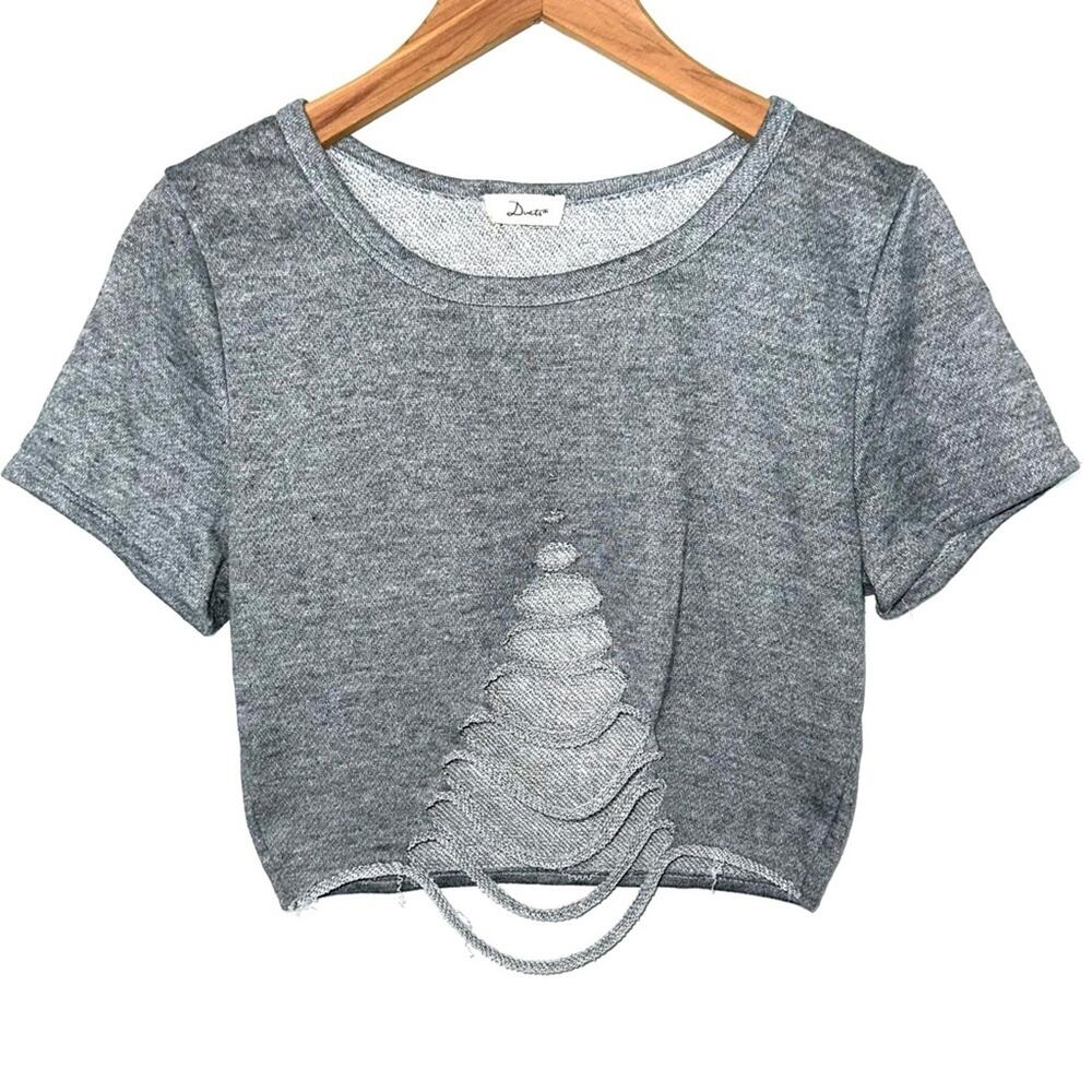 Duets Grey Edgy Y2K Slashed Short Sleeve Athleisure Sweatshirt Crop Top Size L